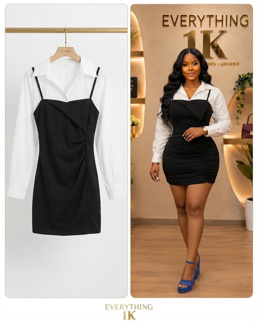 Black Cami Dress over White Button-Down Blouse