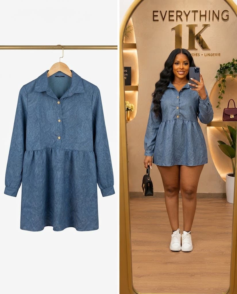 Denim-Look Button-Down Long-Sleeve Mini Dress