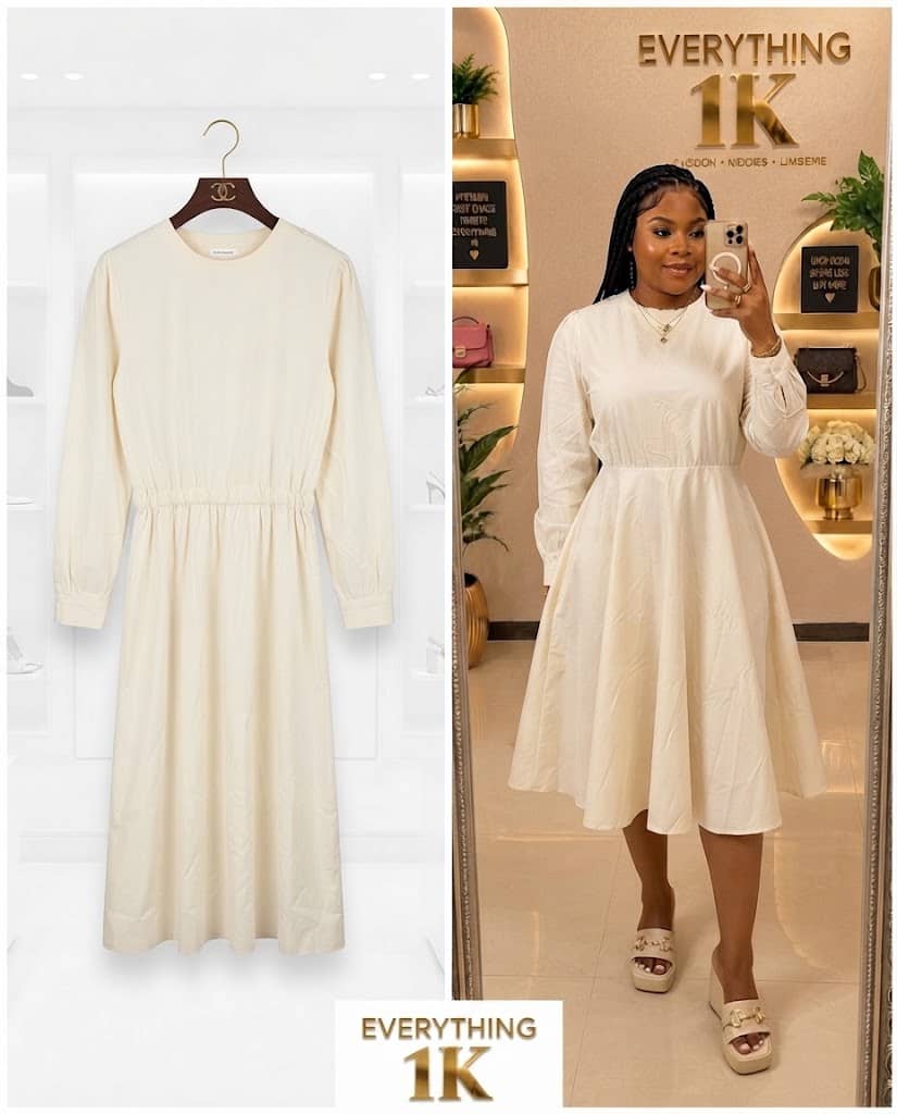 Cream Long-Sleeve Midi Shift Dress